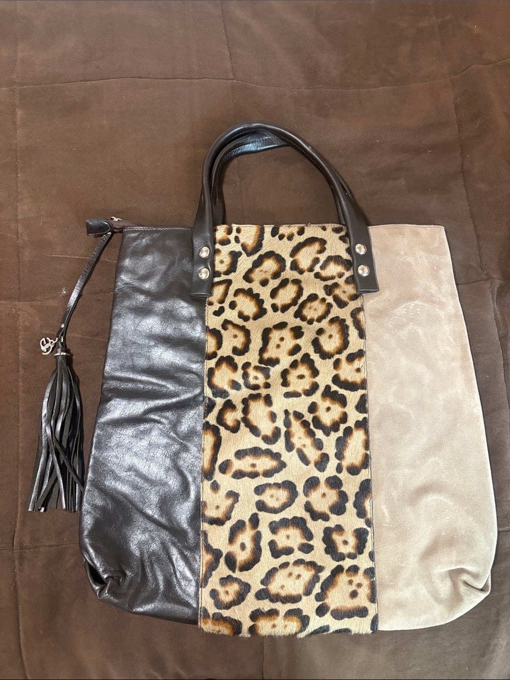 Roberta Gandolfi Leopard-Accent Tri-Panel Tote Bag - Black, Leopard, Beige